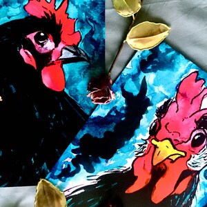 Hen & Rooster Portrait Set | Farmhouse | India Ink Painting |