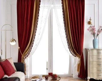 Ethan American Spliced Luxury Velvet Curtains- red, beige, pearl, peacock green, blue, yellow, brown