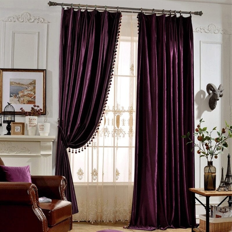 European pompom lace Velvet Curtains - Purple /Blue / Red /Teal / gray / Burgandy / pearl white /green