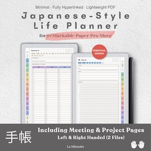 Peut inclure: Un planificateur de vie numérique de style japonais en PDF pour reMarkable Paper Pro Move, incluant une édition perpétuelle avec onglets hyperliés, des mises en page de calendrier, des pages de réunion et de projet, et un stylet.