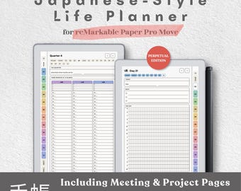 Puede incluir: Un planificador de vida digital de estilo japonés en PDF para reMarkable Paper Pro Move, con edición perpetua, pestañas con hipervínculos, diseños de calendario trimestral y diario, páginas de reuniones y proyectos, y un lápiz óptico.
