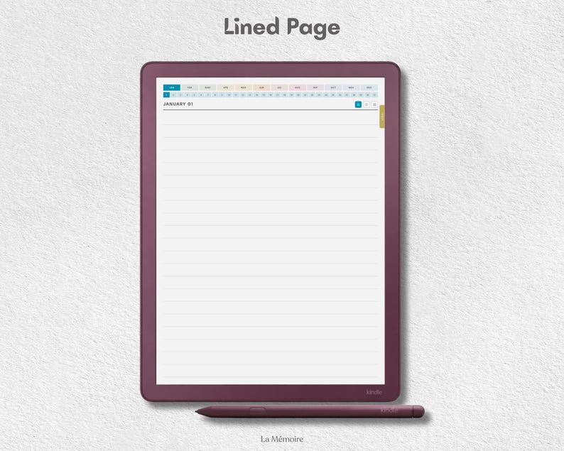 May include: A digital tablet with a dark plum frame displaying a lined page interface with a calendar header labeled January 01. A matching dark plum stylus rests horizontally below the tablet. The text Lined Page appears above the device.