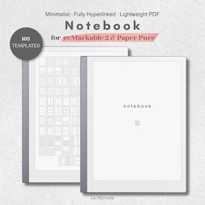 May include: A digital notebook file for reMarkable 2 and Paper Pure featuring 105 templates. The display shows a grid of page layouts and a cover page with the text notebook and a menu icon. The interface is white with gray borders.