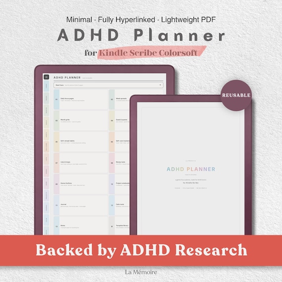 ADHD Planner Digital | Kindle Scribe Colorsoft, iPad, Samsung Tab, Boox | Undated Hyperlinked PDF Planner | Gentle Focus Journal for ADHD