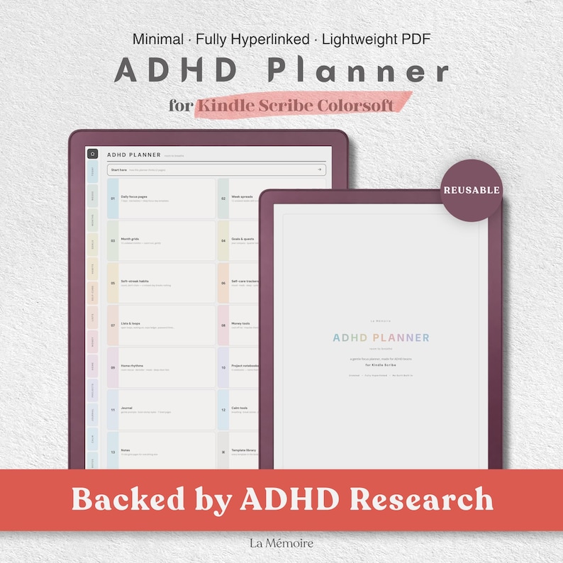 ADHD Planner Digital | Kindle Scribe Colorsoft, iPad, Samsung Tab, Boox | Undated Hyperlinked PDF Planner | Gentle Focus Journal for ADHD image 1