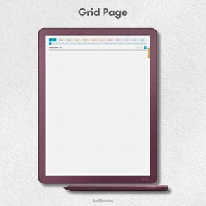 May include: A digital tablet with a dark plum frame displaying a grid page layout with a calendar header showing January 01. The text Grid Page appears above the screen, and a matching dark plum stylus rests horizontally below the tablet device.
