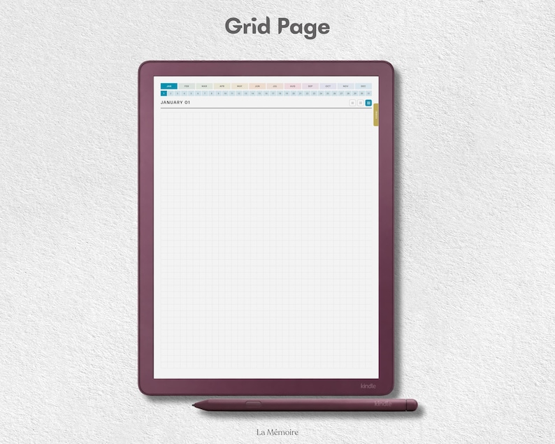 May include: A digital tablet with a dark plum frame displaying a grid page layout with a calendar header showing January 01. The text Grid Page appears above the screen, and a matching dark plum stylus rests horizontally below the tablet device.