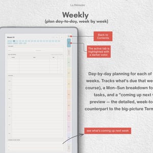 Puede incluir: Una interfaz de planificador semanal digital llamada La M&eacute;moire, que presenta un dise&ntilde;o de Semana 01 con secciones para tareas diarias, fechas l&iacute;mite de cursos y una vista previa de la pr&oacute;xima semana, con anotaciones en texto rojo.
