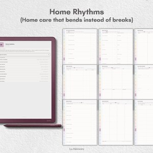 May include: A digital tablet with a dark maroon frame and matching stylus displaying a Home Rhythms planner interface with the text Home Rhythms (Home care that bends instead of breaks) and La M&eacute;moire, alongside eight grid-based planning pages.