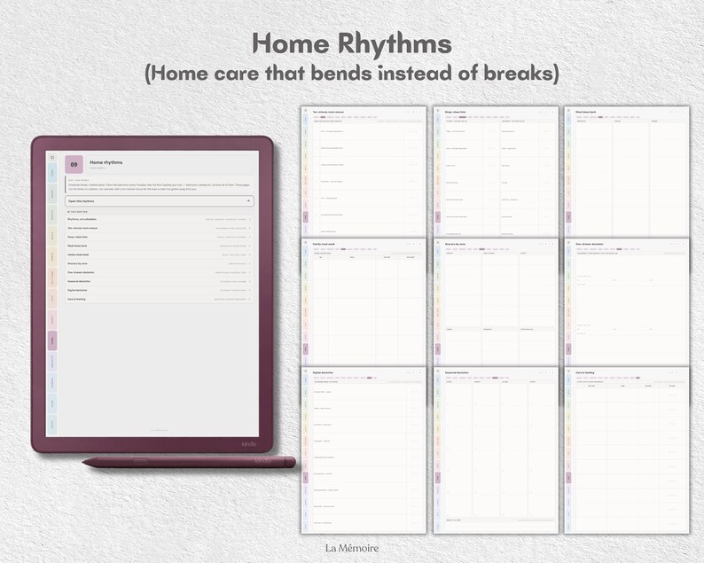 May include: A digital tablet with a dark maroon frame and matching stylus displaying a Home Rhythms planner interface with the text Home Rhythms (Home care that bends instead of breaks) and La M&eacute;moire, alongside eight grid-based planning pages.