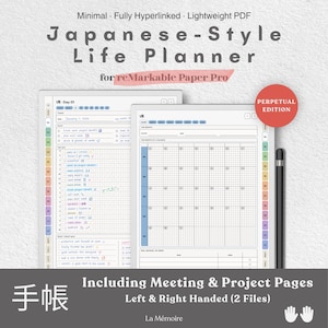 Peut inclure: Un planificateur de vie numérique pour reMarkable Paper Pro présentant une page d'emploi du temps quotidien avec une liste de tâches et une grille de calendrier mensuel. Il inclut des onglets latéraux colorés et un stylet noir.