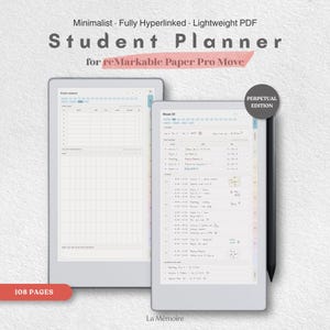 Puede incluir: Un planificador estudiantil digital para reMarkable Paper Pro Move, con 108 p&aacute;ginas en formato PDF ligero. La pantalla muestra un calendario de ex&aacute;menes y una vista semanal con hiperv&iacute;nculos, junto a un l&aacute;piz &oacute;ptico de color negro.
