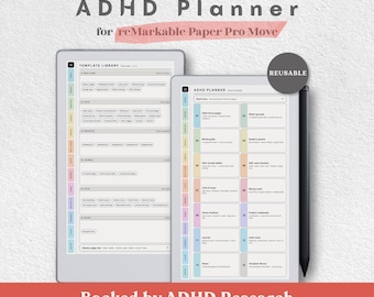Puede incluir: Un planificador digital TDAH para reMarkable Paper Pro Move, con una biblioteca de plantillas e interfaz con pestañas laterales de colores. El diseño incluye secciones para enfoque diario, seguimiento de hábitos y gestión de proyectos.