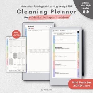 Puede incluir: Un planificador de limpieza digital para reMarkable Paper Pro Move, con un PDF totalmente hipervinculado y 20 plantillas de notas. La interfaz muestra pestañas para rescues, rhythms, deep clean, the log y notes, junto a un lápiz óptico negro.
