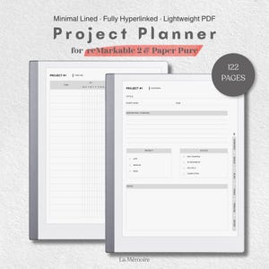 May include: A digital project planner for reMarkable 2 and Paper Pure tablets, featuring 122 pages. The layout includes a project overview page with sections for title, dates, priority, and status, alongside a timeline page with task tracking.