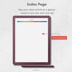 May include: A digital tablet with a dark purple frame displaying an index page with a grid and a colorful navigation bar. The screen shows the text Index Page, See your days unfold at a glance, Jump to any day with one tap, and Go to any daily page. A matching purple stylus is positioned below the tablet.