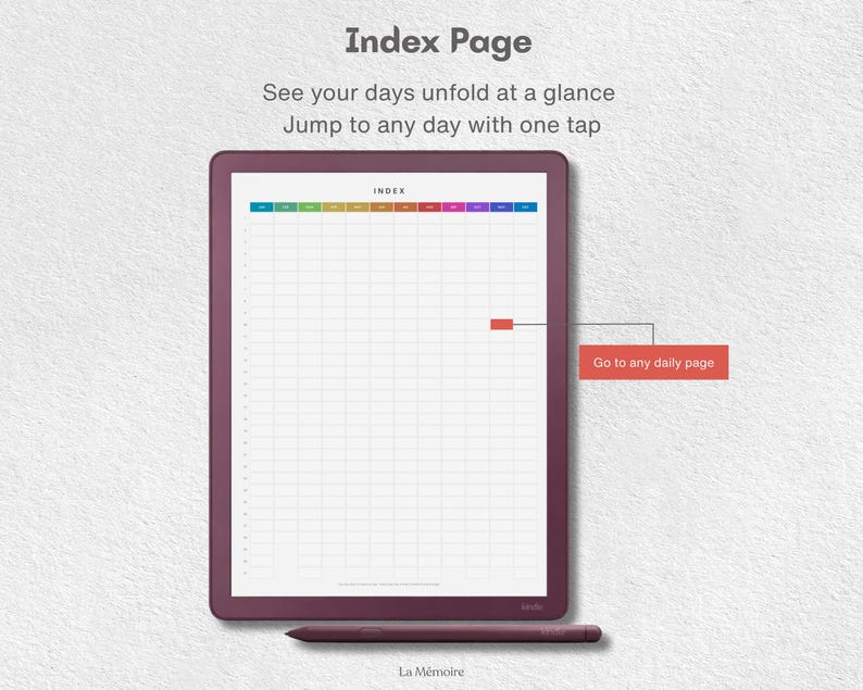 May include: A digital tablet with a dark purple frame displaying an index page with a grid and a colorful navigation bar. The screen shows the text Index Page, See your days unfold at a glance, Jump to any day with one tap, and Go to any daily page. A matching purple stylus is positioned below the tablet.