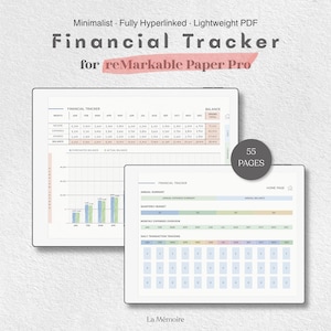 Pode incluir: Um rastreador financeiro digital para reMarkable Paper Pro, com 55 páginas de tabelas e gráficos. A interface exibe dados mensais de receitas, despesas e poupanças, com um gráfico de barras para o saldo anual e um resumo do orçamento trimestral.