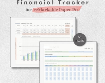 May include: A digital financial tracker for reMarkable Paper Pro, featuring 55 pages of tables and charts. The interface displays monthly income, expenses, and savings data, with a bar graph for annual balance and a quarterly budget overview.