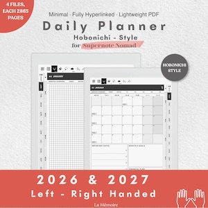 Puede incluir: Un planificador diario digital para Supernote Nomad con diseño estilo Hobonichi, que incluye 2865 páginas en 4 archivos. La interfaz muestra una cuadrícula de calendario mensual, listas de tareas y secciones de notas para 2026 y 2027.