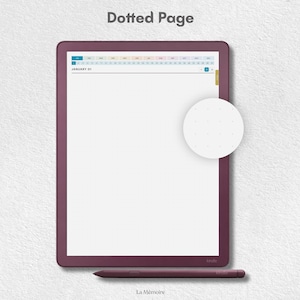May include: A digital tablet with a dark plum frame and a matching stylus. The screen displays a planner interface with the text January 01 and a top navigation bar. A circular inset shows a white background with a light gray dotted grid pattern.