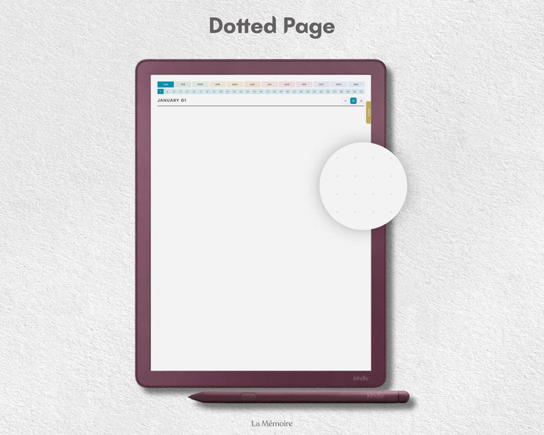 May include: A digital tablet with a dark plum frame and a matching stylus. The screen displays a planner interface with the text January 01 and a top navigation bar. A circular inset shows a white background with a light gray dotted grid pattern.