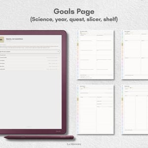 May include: A digital planner displayed on a dark plum tablet with a matching stylus. The screen shows a Goals Page with sections labeled Science, year, quest, slicer, and shelf. Four additional page layouts are visible, featuring lined templates.