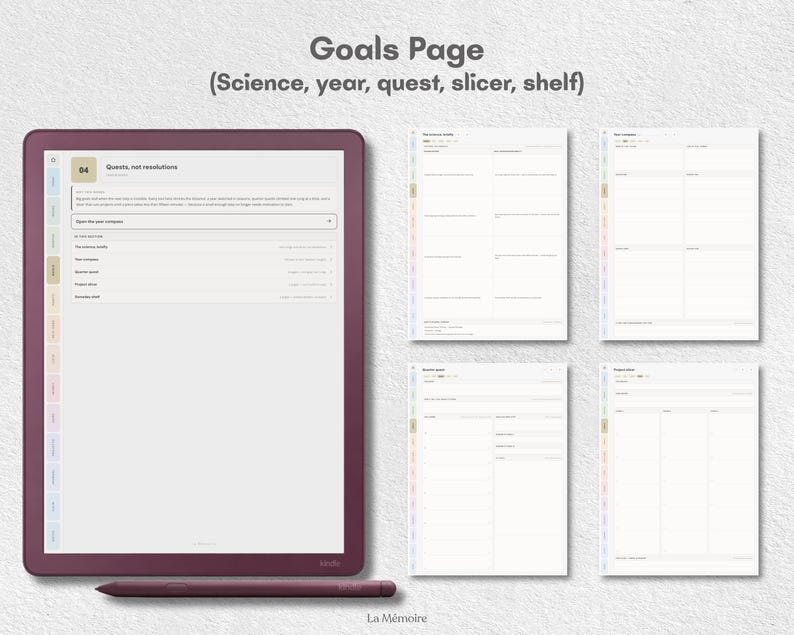 May include: A digital planner displayed on a dark plum tablet with a matching stylus. The screen shows a Goals Page with sections labeled Science, year, quest, slicer, and shelf. Four additional page layouts are visible, featuring lined templates.