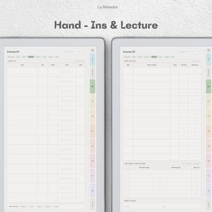 Puede incluir: Dos pantallas de tableta digital que muestran una plantilla de planificador de estudios titulada Hand - Ins & Lecture. La interfaz presenta Course 01, tablas organizadas para el seguimiento de tareas y notas de clase, y una barra lateral vertical.