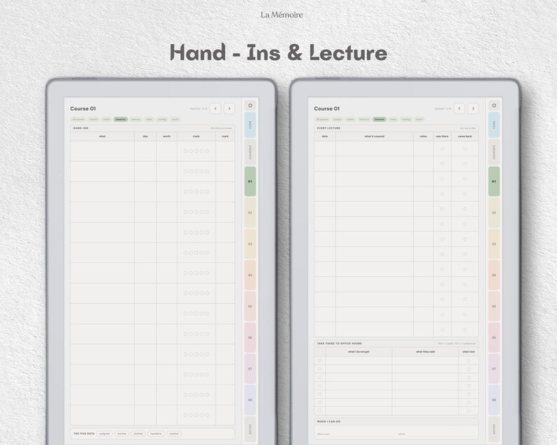 Puede incluir: Dos pantallas de tableta digital que muestran una plantilla de planificador de estudios titulada Hand - Ins & Lecture. La interfaz presenta Course 01, tablas organizadas para el seguimiento de tareas y notas de clase, y una barra lateral vertical.