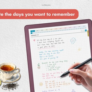 May include: A digital tablet with a purple frame displaying a grid-lined page with handwritten notes, a date header of January 01, and small colorful icons. A black stylus rests on the screen. A teacup with tea and lime slices are nearby.