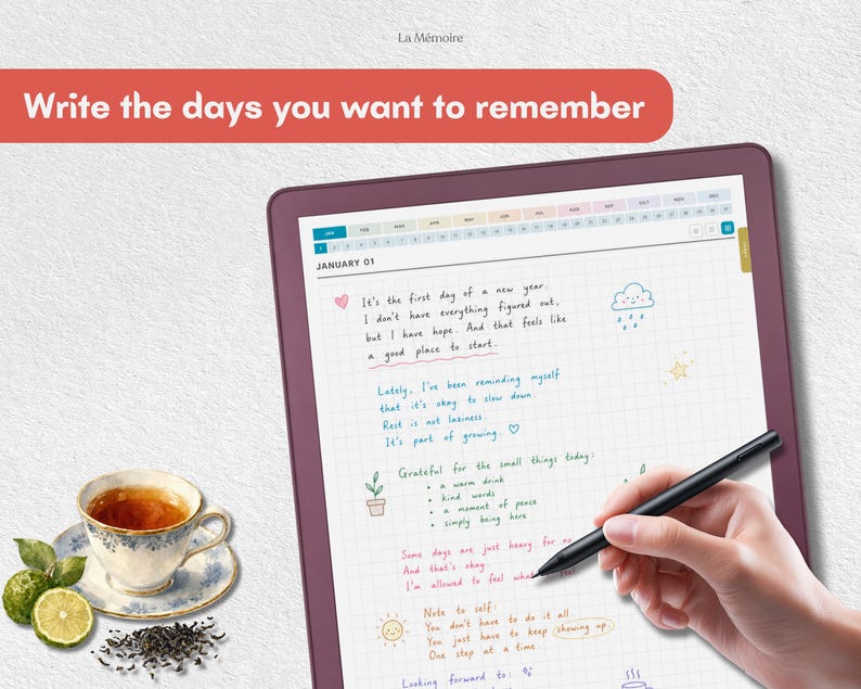 May include: A digital tablet with a purple frame displaying a grid-lined page with handwritten notes, a date header of January 01, and small colorful icons. A black stylus rests on the screen. A teacup with tea and lime slices are nearby.