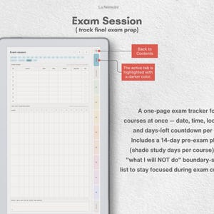 Puede incluir: Una plantilla de planificador de sesiones de examen digital con una tabla para realizar un seguimiento de ocho cursos, incluyendo columnas para fecha, hora, ubicaci&oacute;n y cuenta regresiva. Incluye un planificador de estudio de 14 d&iacute;as y una secci&oacute;n titulada What I will not do in these two weeks.