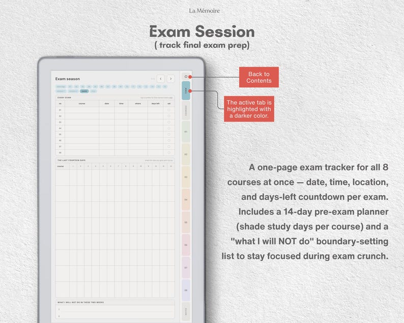 Puede incluir: Una plantilla de planificador de sesiones de examen digital con una tabla para realizar un seguimiento de ocho cursos, incluyendo columnas para fecha, hora, ubicaci&oacute;n y cuenta regresiva. Incluye un planificador de estudio de 14 d&iacute;as y una secci&oacute;n titulada What I will not do in these two weeks.