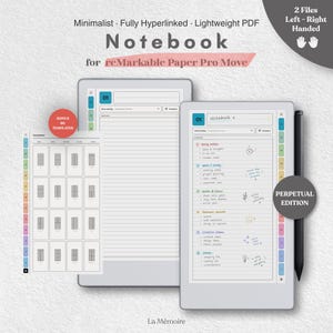 May include: A digital notebook for reMarkable Paper Pro Move featuring a minimalist, fully hyperlinked PDF design. The layout includes two files for left and right-handed users, a perpetual edition, and 80 bonus templates with lined pages and tabs.