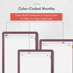 May include: Three digital planner pages with dark purple borders and horizontal lines. The text reads La M&eacute;moire, Color-Coded Months, and Each Month Features a Unique Color to Help You Stay Organized. Tabs at the top show months in various colors.