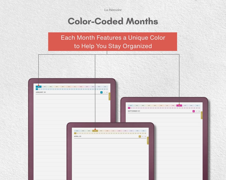 May include: Three digital planner pages with dark purple borders and horizontal lines. The text reads La M&eacute;moire, Color-Coded Months, and Each Month Features a Unique Color to Help You Stay Organized. Tabs at the top show months in various colors.