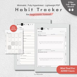 Puede incluir: Un rastreador de hábitos digital para Supernote Nomad con diseño minimalista, hipervínculos, dos archivos para usuarios zurdos y diestros, y veinte plantillas de notas adicionales. La interfaz muestra círculos para el seguimiento.