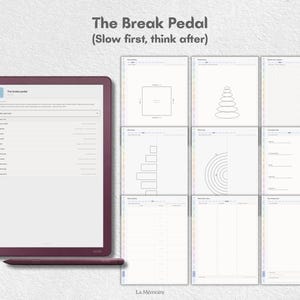 May include: A digital tablet with a dark red frame and matching stylus displaying a planner page titled The Break Pedal (Slow first, think after). To the right are nine thumbnail views of various planning templates including grids, charts, and lists.