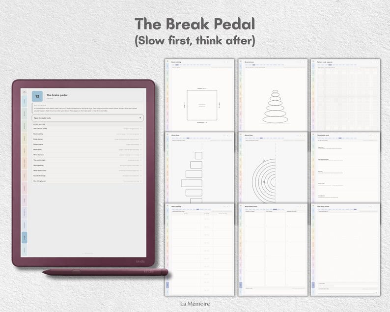 May include: A digital tablet with a dark red frame and matching stylus displaying a planner page titled The Break Pedal (Slow first, think after). To the right are nine thumbnail views of various planning templates including grids, charts, and lists.