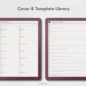 May include: Two digital tablet screens displaying a planner interface with a dark maroon frame. The left screen shows an ADHD Planner menu with numbered sections, while the right screen displays a Template Library list. Text reads Cover & Template Library.