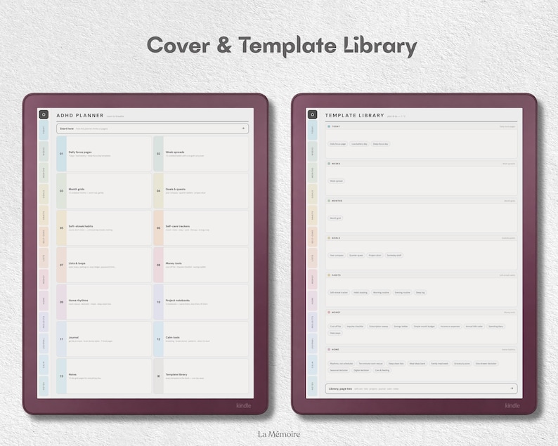 May include: Two digital tablet screens displaying a planner interface with a dark maroon frame. The left screen shows an ADHD Planner menu with numbered sections, while the right screen displays a Template Library list. Text reads Cover & Template Library.