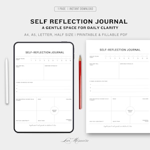 May include: A digital self-reflection journal displayed on a tablet and a printed page. The journal includes prompts for daily clarity, with a red pencil and white stylus. Text on the journal reads "SELF REFLECTION JOURNAL" and "A GENTLE SPACE FOR DAILY CLARITY."