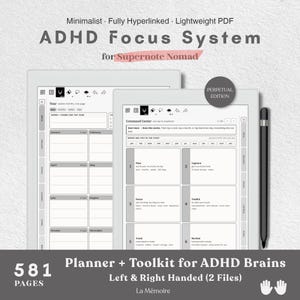 Könnte beinhalten: Ein digitaler ADHD Focus System Planer für Supernote Nomad, bestehend aus einem minimalistischen, vollständig verlinkten PDF mit 581 Seiten. Die Benutzeroberfläche zeigt ein Command Center mit Bereichen zum Planen, Erfassen und Fokussieren.