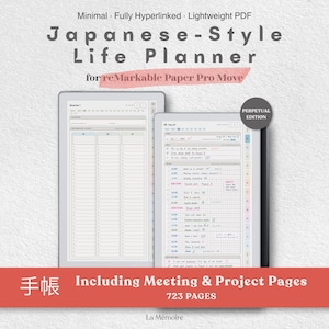 Op de afbeelding: Een digitale levensplanner voor reMarkable Paper Pro Move met een minimalistische lay-out van 723 pagina's, inclusief vergader- en projectpagina's. De planner is volledig hyperlinked, lichtgewicht en wordt getoond op twee tabletschermen.