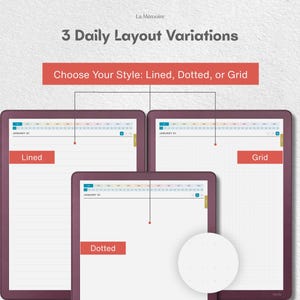 May include: Three digital planner screens with dark purple frames displaying daily layout variations. Text reads: La M&eacute;moire, 3 Daily Layout Variations, Choose Your Style: Lined, Dotted, or Grid. Each screen shows a calendar header and a specific page style.