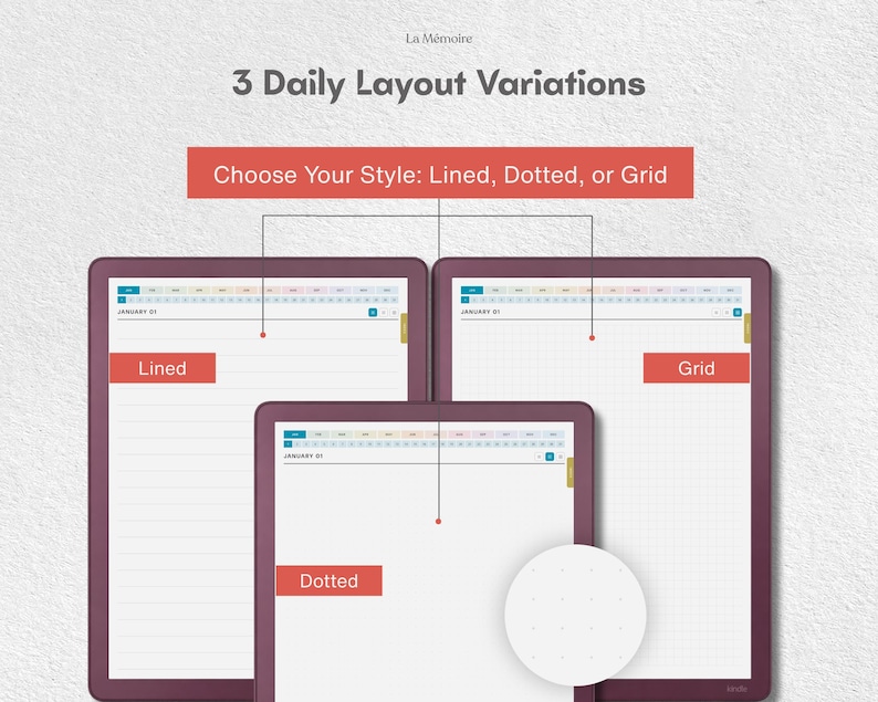 May include: Three digital planner screens with dark purple frames displaying daily layout variations. Text reads: La M&eacute;moire, 3 Daily Layout Variations, Choose Your Style: Lined, Dotted, or Grid. Each screen shows a calendar header and a specific page style.