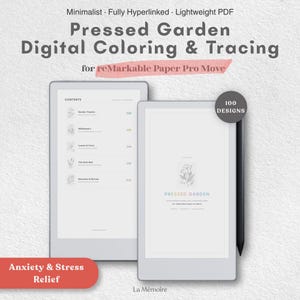 Może przedstawiać: Dwa tablety cyfrowe wyświetlające plik PDF do kolorowania i odrysowywania Pressed Garden dla reMarkable Paper Pro Move. Ekrany pokazują spis treści oraz stronę tytułową ze 100 wzorami. Czarny rysik znajduje się obok tabletów.