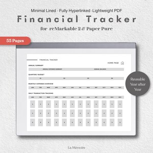 May include: A digital financial tracker PDF for reMarkable 2 and Paper Pure tablets. The interface features sections for annual summary, quarterly budget, monthly expenses, and daily transaction tracking with 55 pages and a reusable layout.