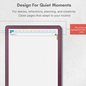 May include: A digital planner interface on a tablet with a dark purple frame. The screen displays a grid-lined page with the text January 01. Above, a navigation bar shows months and days. A red callout box states: The active tab is highlighted with a darker color.
